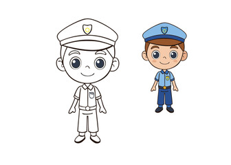 A coloring page featuring a cute boy dressed as a traffic officer, holding a stop sign with a friendly smile, guiding traffic in a safe and playful way.