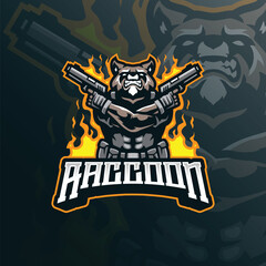 Raccoon mascot logo design vector with modern illustration concept style for badge, emblem and t shirt printing. Angry raccoon illustration with guns in hand.