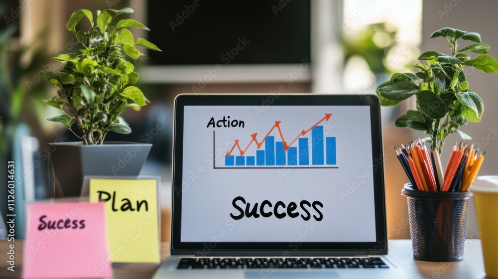 Poster a business meeting setup with a laptop showing a growth graph and sticky notes labeled 