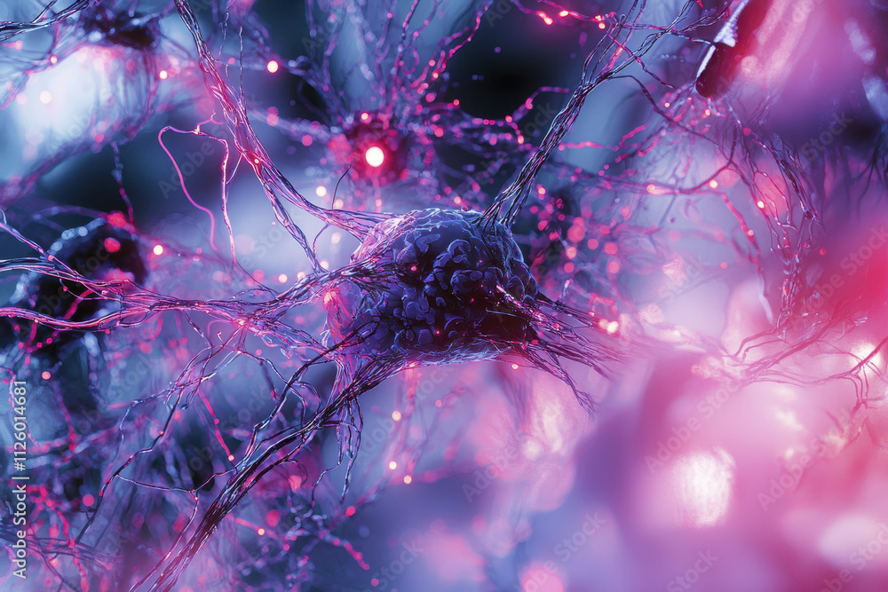Poster futuristic digital representation of interconnected neurons with glowing synapses, showcasing intric