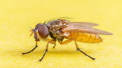 Obraz premium Macro Photo of Housefly Insect Closeup Detailed Wing Texture Yellow Background