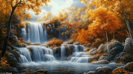 Autumn Waterfall Serenity: A Cascade of Golden Hues