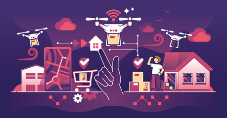 Autonomous delivery drones transport packages efficiently. Key objects, drones, packages, houses. Dark theme outline style illustration.