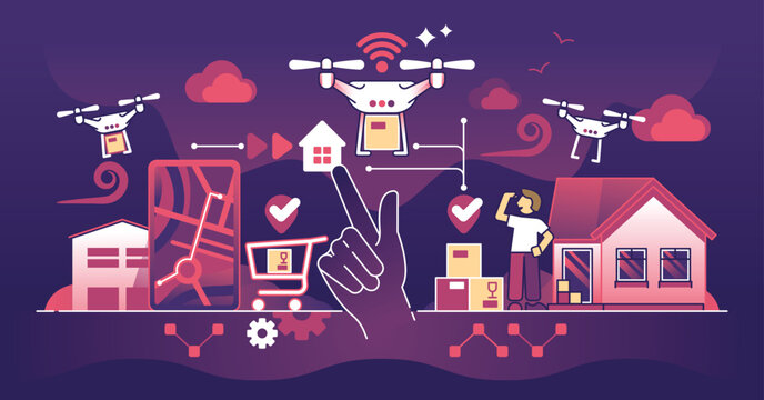 Autonomous delivery drones transport packages efficiently. Key objects, drones, packages, houses. Dark theme outline style illustration.