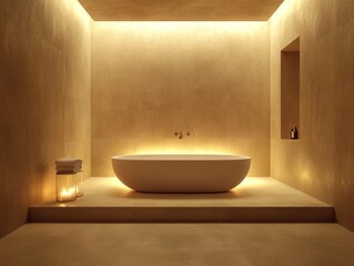Modern minimalist bathroom, gold tones, freestanding tub.