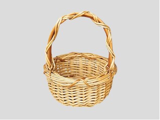 Obraz premium The picture shows a multi-purpose light brown rattan basket with a long handle. It has a beautiful woven pattern around the handle. It is used to store vegetables, fruits and food.