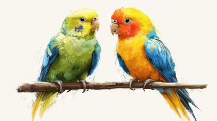 Obraz premium Two colorful parrots perched on a branch, showcasing vibrant plumage.