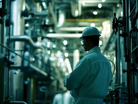 A technician inspecting the machinery in a chemical plant, ensuring that systems are running safely and efficiently