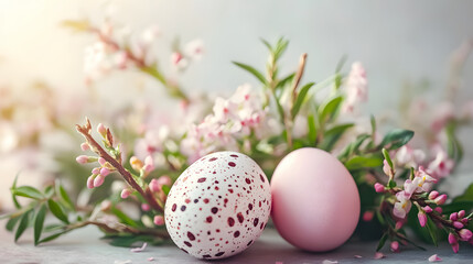 Happy Easter background featuring eggs and flowers with space for a message