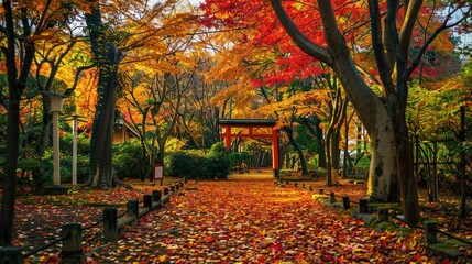 Obraz premium Beautiful Autumn Landscape in the Park with Colorful Foliage and Falling Leaves, Creating a Charming Natural Background for Relaxation.