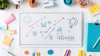 A flat lay of a whiteboard showing a step-by-step strategy to achieve success, surrounded by office supplies and sticky notes