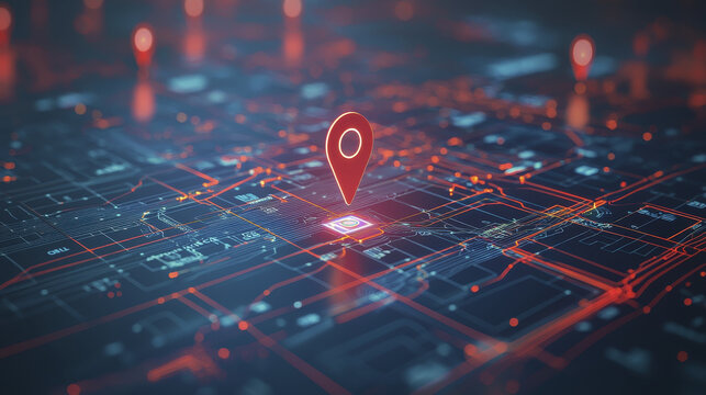 GPS map interface with prominent location pin, showcasing digital city layout. vibrant colors and intricate lines create modern, tech savvy atmosphere