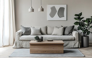 Minimalist living room interior with beige sofa, wooden coffee table, abstract art, and plant.