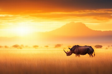 conservation wildlife policy concept. A majestic rhinoceros stands against a stunning sunset backdrop, showcasing the beauty of nature in a serene landscape.