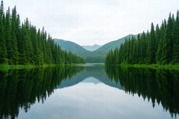 conservation wildlife policy concept. A serene lake reflects towering evergreen trees and mountains under a cloudy sky, creating a tranquil natural landscape.