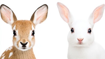 Fototapeta premium Adorable Fawn and White Rabbit Close up Portraits