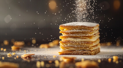 a deliciously stacked pastry or dessert, layered with creamy filling, and topped with a dusting of powdered sugar falling dramatically from above. Crumbs are scattered around, adding a dynamic and art