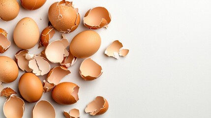 A photostock of cracked brown egg shells scattered on a clean white surface, symbolizing cooking and natural recycling themes. High Quality