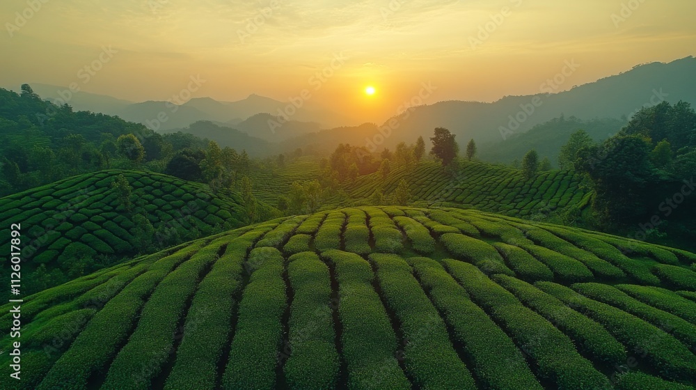 Poster lush green tea plantations extend across rolling hills as the sun sets in the background, creating a
