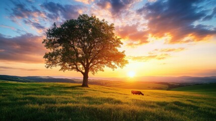 Obraz premium serene sunset over a grassy landscape with a tree
