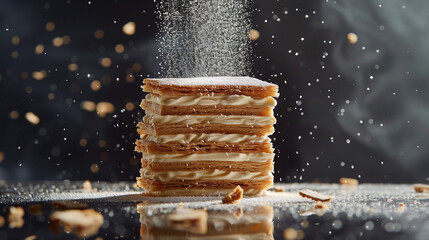 a deliciously stacked pastry or dessert, layered with creamy filling, and topped with a dusting of powdered sugar falling dramatically from above. Crumbs are scattered around, adding a dynamic and art