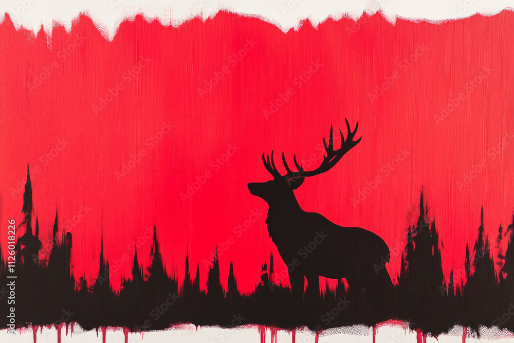 Poster a deer is standing in a forest with a red background