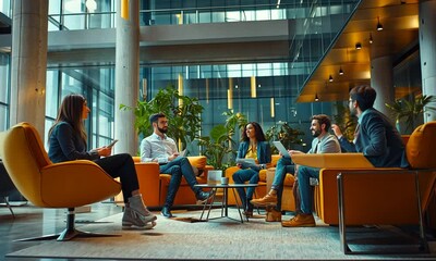 Business team meeting in a modern, spacious office lobby.
