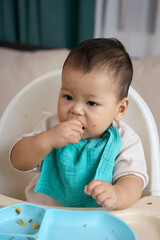 The baby is practicing eating on a weaning chair, putting his hand in his mouth