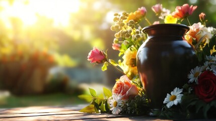 Warm sunlight over vase with stunning flowers.