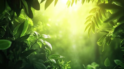 Lush green foliage with sunlight filtering through leaves in a forest.