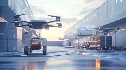 A futuristic cargo drone fleet loading goods at an electric-powered logistics hub, emphasizing sustainable global transport