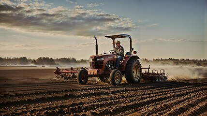 Fototapeta premium Farmer drives red tractor, plowing a brown field at sunset