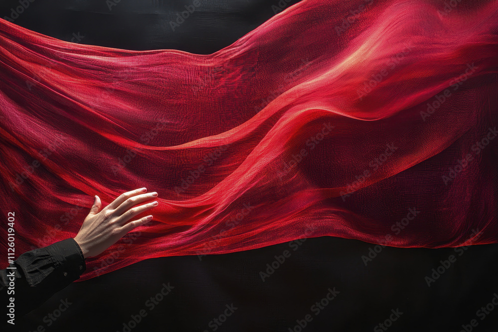 Poster hand gently touches flowing red fabric against dark background, creating sense of movement and elega