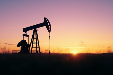 Oil pumpjack silhouette at sunset in a tranquil field