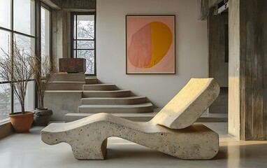 Modern concrete chaise lounge in minimalist loft interior with abstract art.