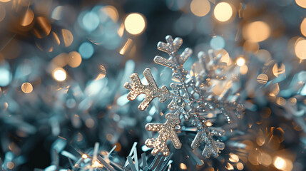  two intricately detailed snowflake decorations resting on a snowy surface, with a dreamy bokeh background The scene is illuminated by warm, golden light that contrasts beautifully with the icy blue 
