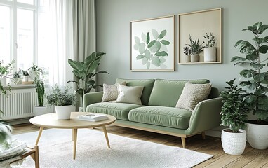 Green sofa in bright living room with plants.