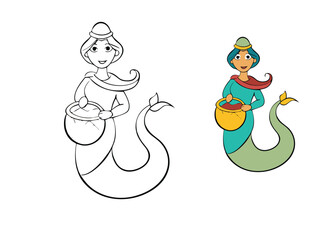 A lady snake charmer sits cross-legged with a basket, playing a flute. A cobra rises gracefully from the basket, set against a simple backdrop for easy coloring.