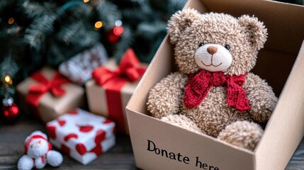 Christmas teddy bear in donation box by Christmas tree