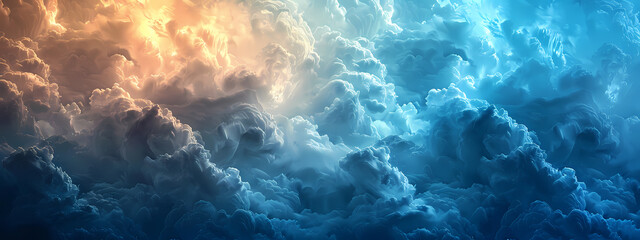 A stunning display of swirling clouds in gradient colors, transitioning from warm orange tones to cool blue hues, evoking a dramatic and serene atmosphere.