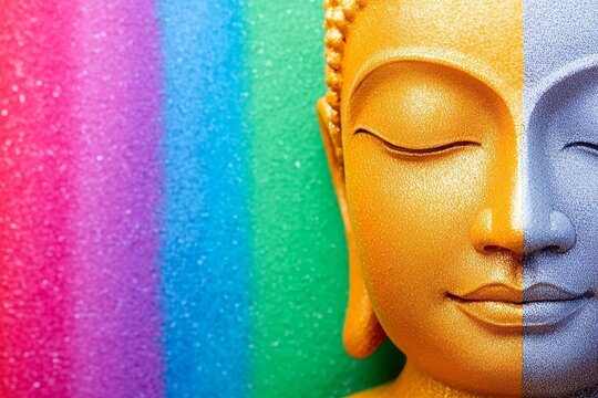 Colorful abstract buddha with split-tone gold and silver face on rainbow background