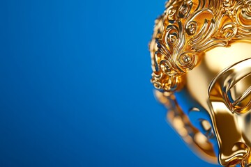 Obraz premium Golden buddha head sculpture against blue background with intricate details