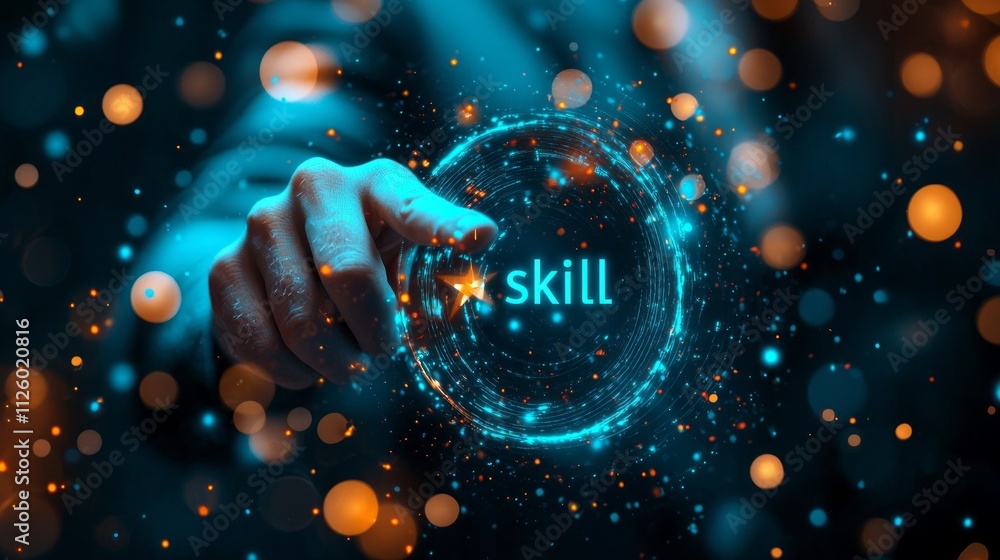 Poster hand reaching into a glowing sphere representing skill, surrounded by a dynamic swirl of light and c