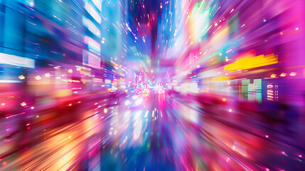  a vibrant and dynamic scene, likely of a bustling urban environment The view features motion blur, with streaks of colorful lights radiating outward from a central vanishing point
