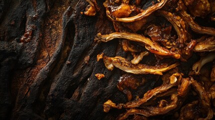 Fototapeta premium Spicy shredded meat rests on a charred surface. Ideal for food blogs, recipes, or articles about BBQ.