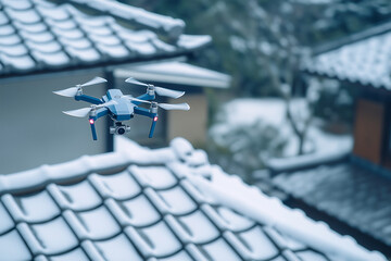 雪の積もった瓦屋根を点検するドローン