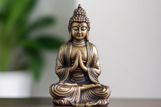 Bronze buddha statue in meditation pose with peaceful expression