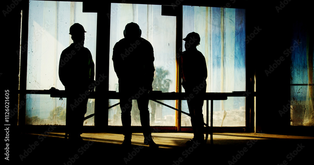 Poster silhouette, workers or architect with blueprint in building for site inspection, property developmen