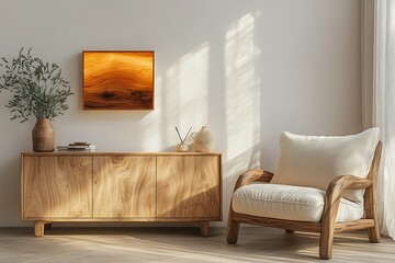 Minimalist interior with wooden furniture, artwork, and sunlight.