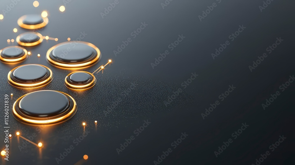 Poster abstract dark background with golden circles illuminated platforms and glowing dots